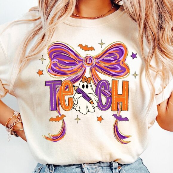 Tops - Spooky Teacher Bow Shirt, Teacher Halloween Coquette Unisex Tee